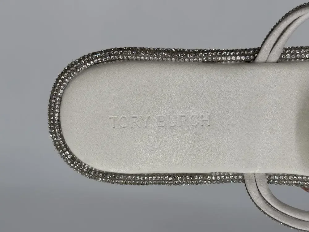 Tory Burch Women's White Rhinestone Logo Comfort Slip On Thong Sandals Size 10